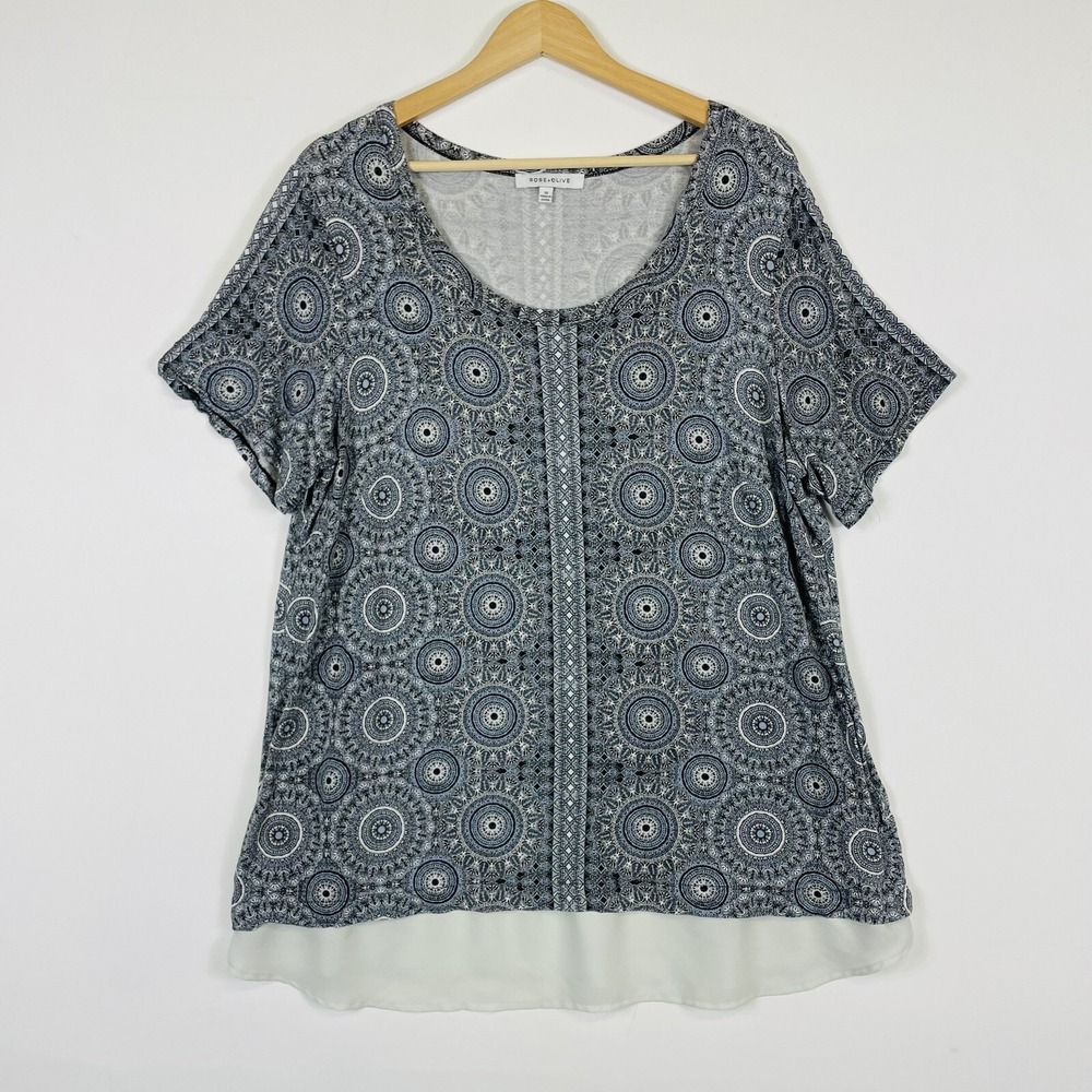 Rose +‎ Olive Women 1X Shirt Blue White Circle Chiffon Trim Lagenlook Feminine
